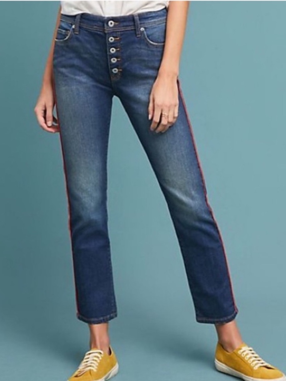 Pilcro Relaxed Straight Denim Jeans Red Stripe Button Fly Size 28 Anthropologie